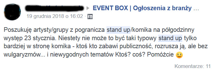 screen z facebooka dotyczący stand upu bez wulgaryzmów